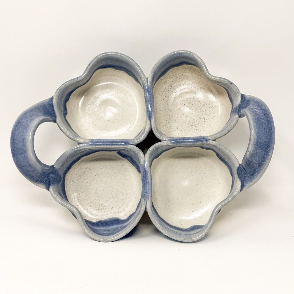 Signed Studio Pottery 4 Heart Divided Serving Dish Blue Gray Stoneware Handmade